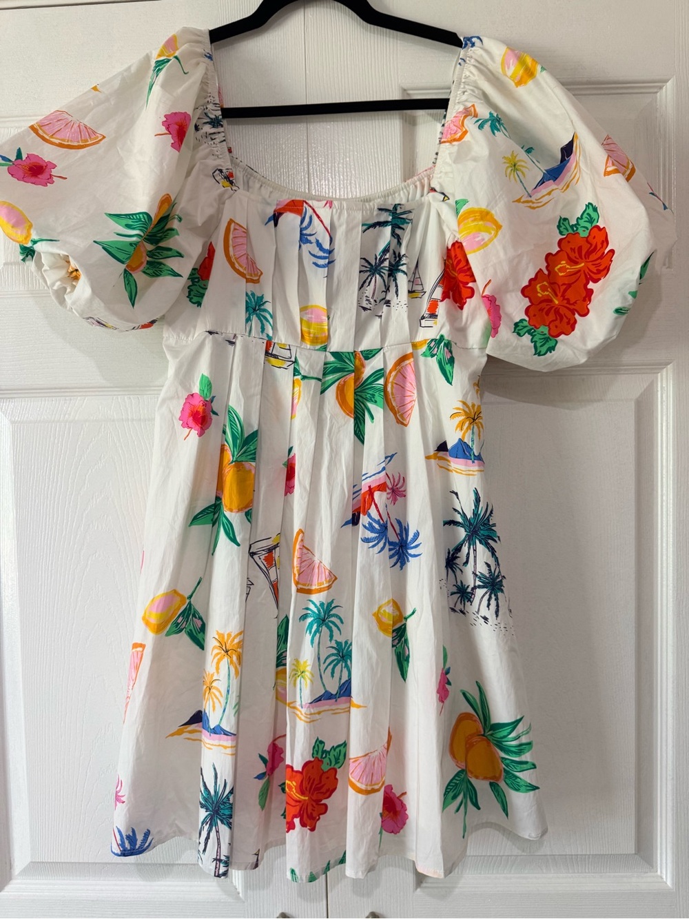 Peach Love California White Tropical Fruit Puff-Sleeve Mini Dress